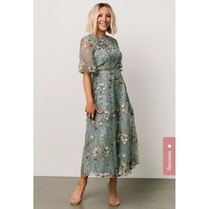 Baltic Born Arabella Embroidered Tulle Maxi Dusty Blue Floral Dress XL NWT